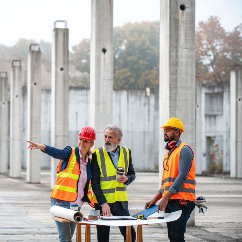 Tres profesionales de la construcción discutiendo planos en un sitio de obras con columnas de concreto